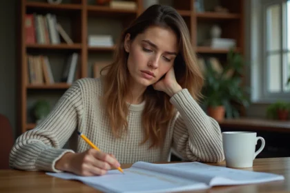 Femme adulte révisant le code de la route à son bureau avec un livret officiel et des notes manuscrites