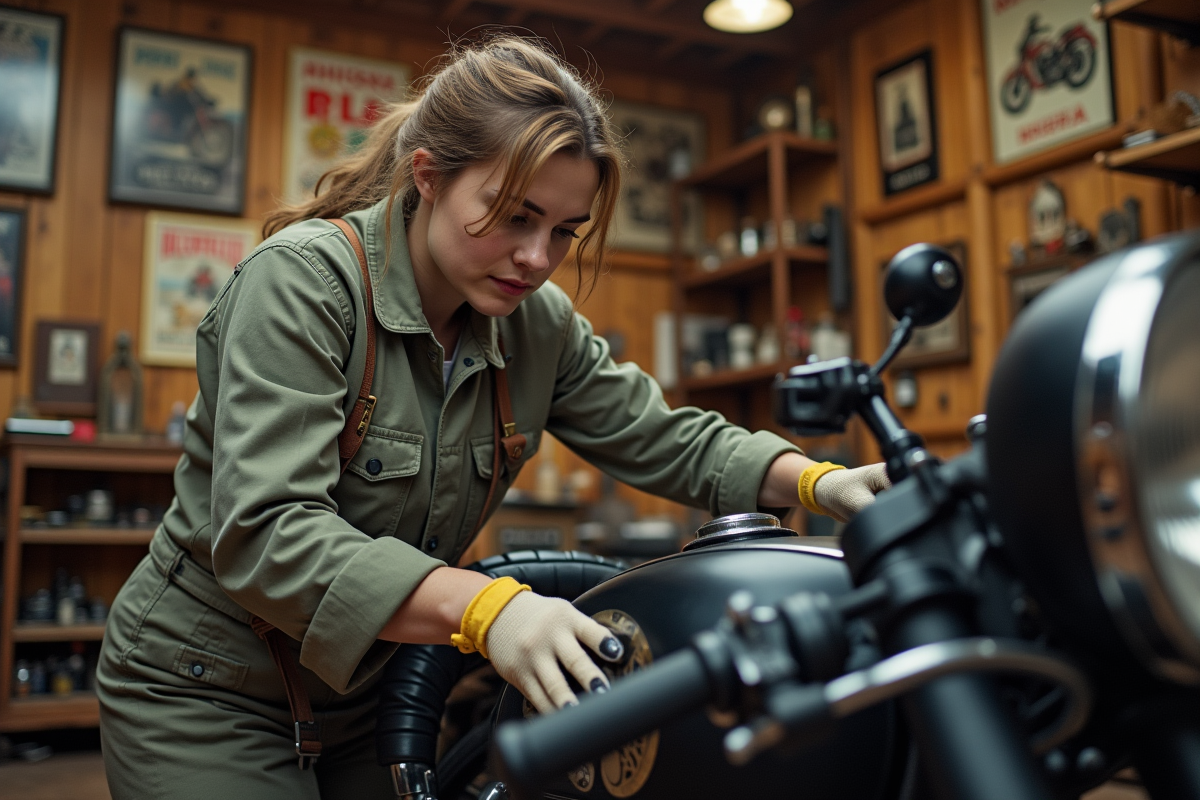 Jeune femme nettoyant une moto ancienne dans un atelier