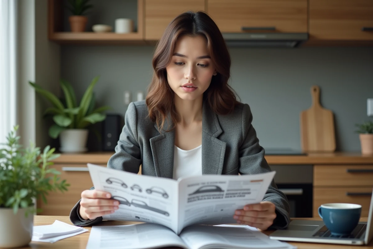 Femme lisant un magazine automobile dans la cuisine