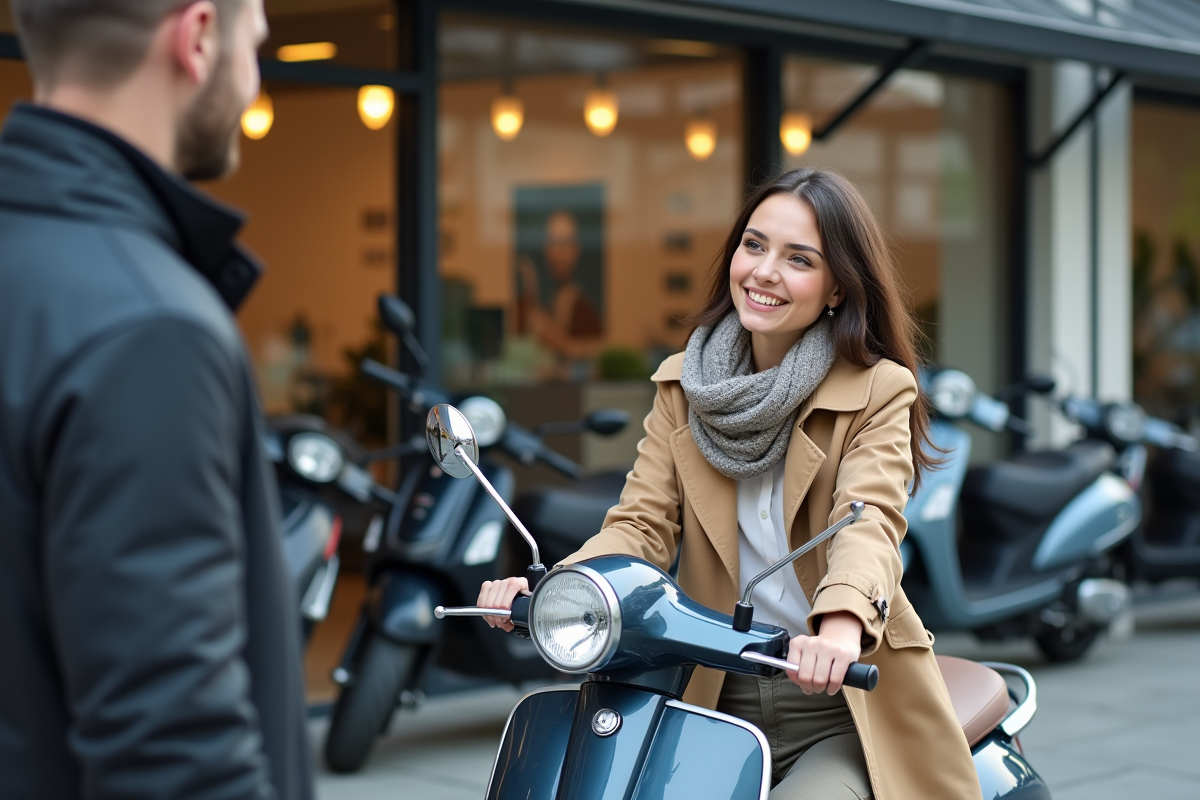 Femme souriante avec scooter devant concession