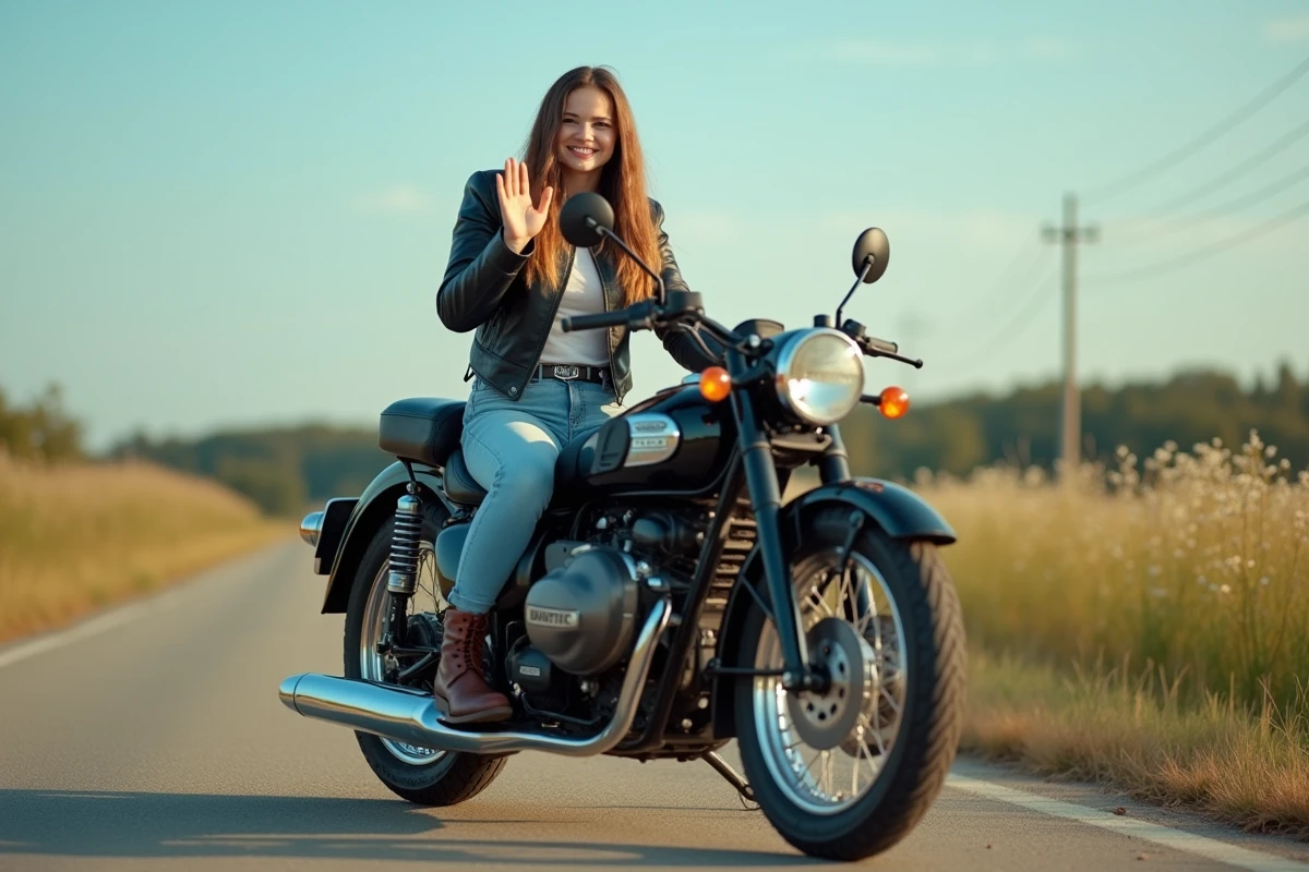 Femme souriante dans un sidecar vintage en nature