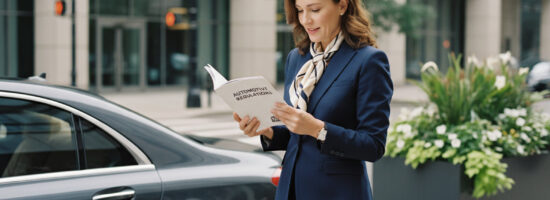 Femme élégante en costume navy près d'une voiture urbaine