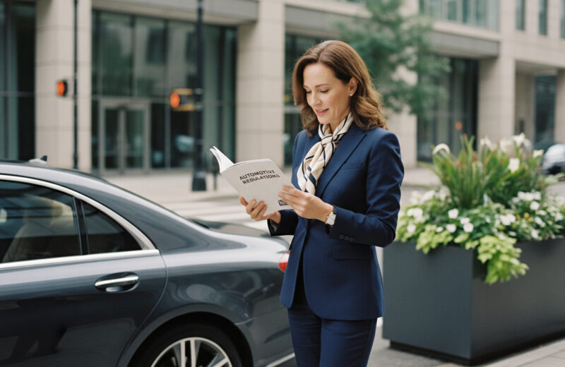 Femme élégante en costume navy près d'une voiture urbaine