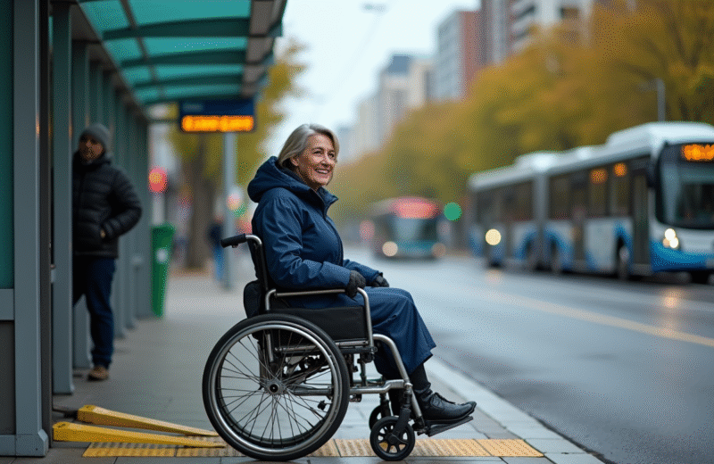 Femme souriante en imperméable bleu roulant vers un bus urbain
