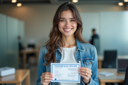 Femme souriante tenant permis et certificat d'assurance