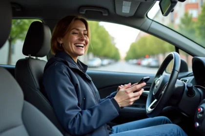 Femme souriante dans sa voiture en ville pour assurance