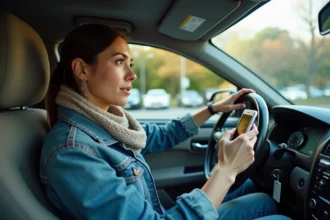 Femme en voiture parlant au téléphone dans un environnement urbain