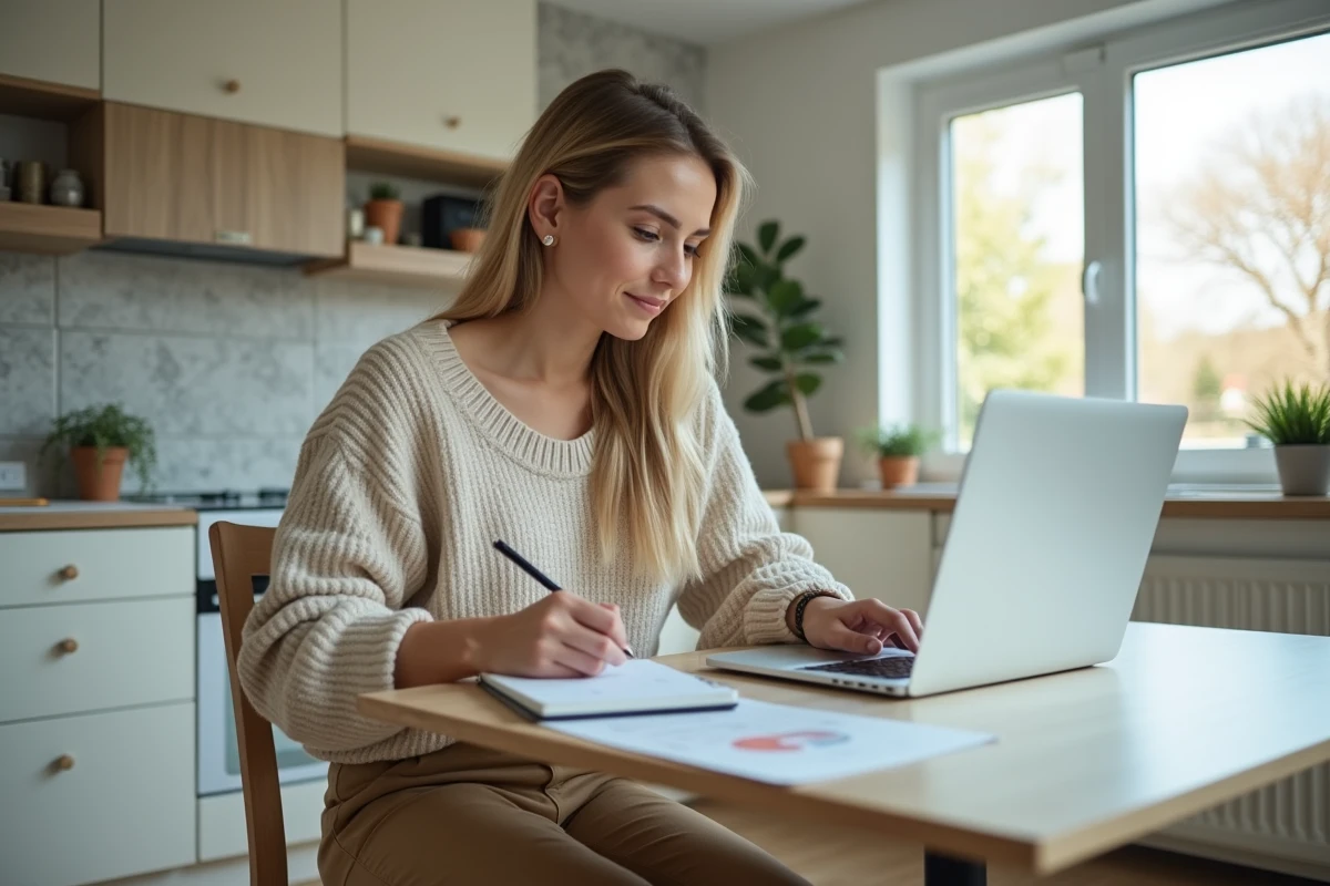 Femme assise à la maison avec son ordinateur portable
