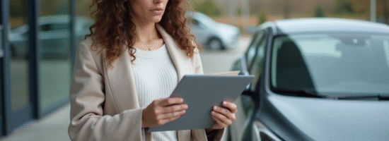 Femme examinant documents de voiture devant un concessionnaire