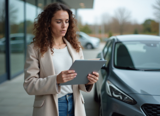 Femme examinant documents de voiture devant un concessionnaire