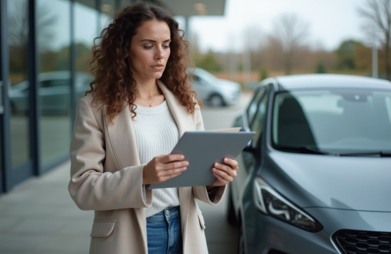 Femme examinant documents de voiture devant un concessionnaire