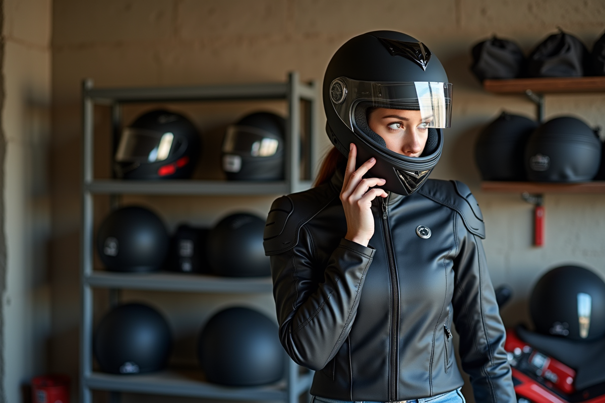 Femme vérifiant son casque dans un garage