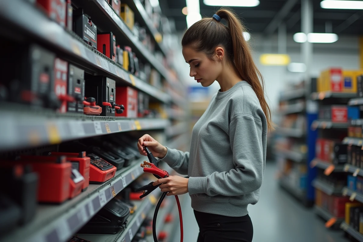 Jeune femme examinant des câbles de batterie en magasin
