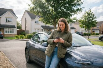 Femme regardant son téléphone près d'une voiture électrique