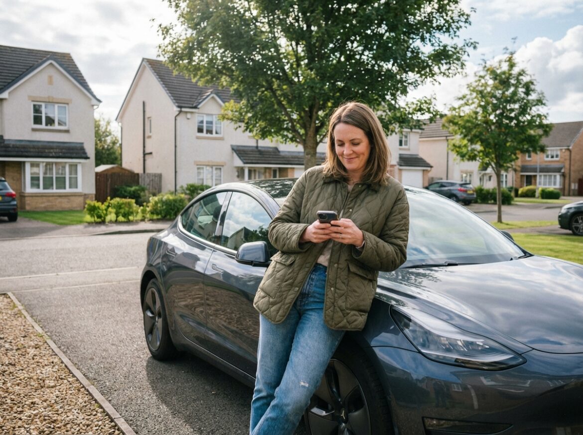 Femme regardant son téléphone près d'une voiture électrique
