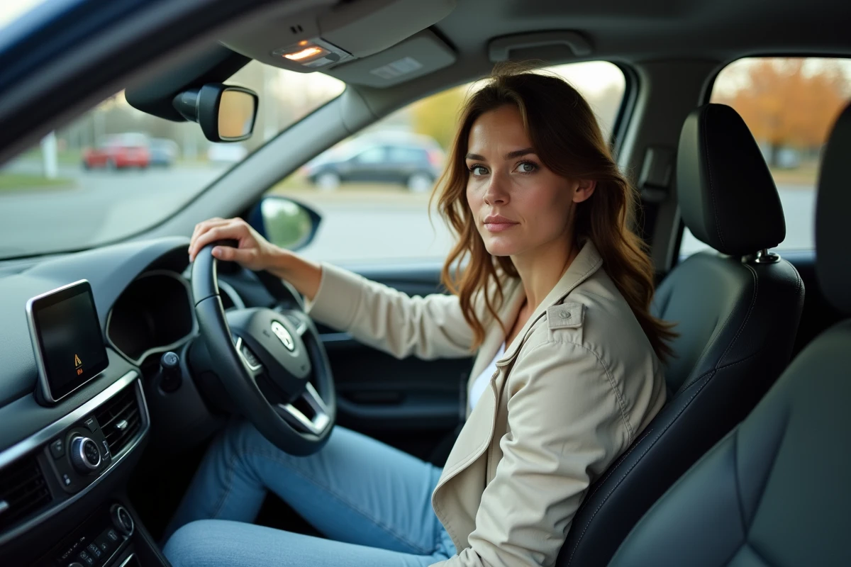 Femme vérifiant un message d’erreur dans sa voiture