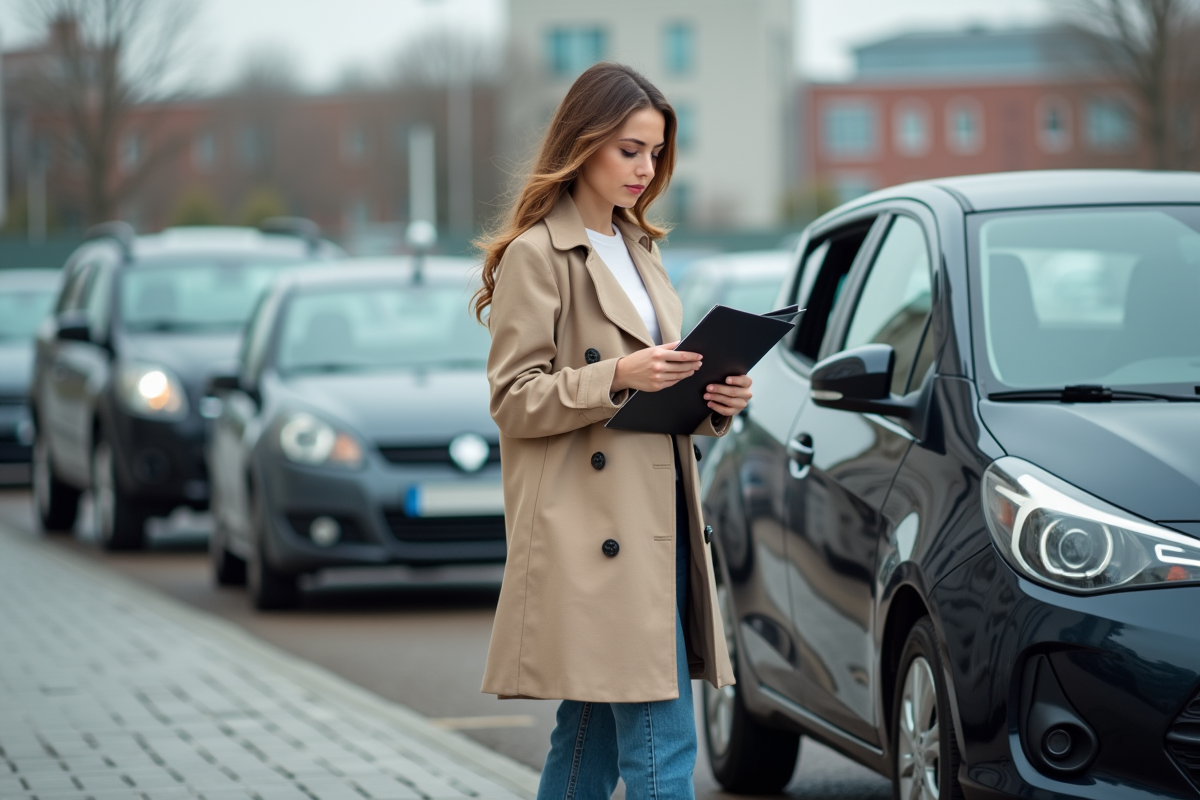 Jeune femme avec sa voiture dans un parking urbain