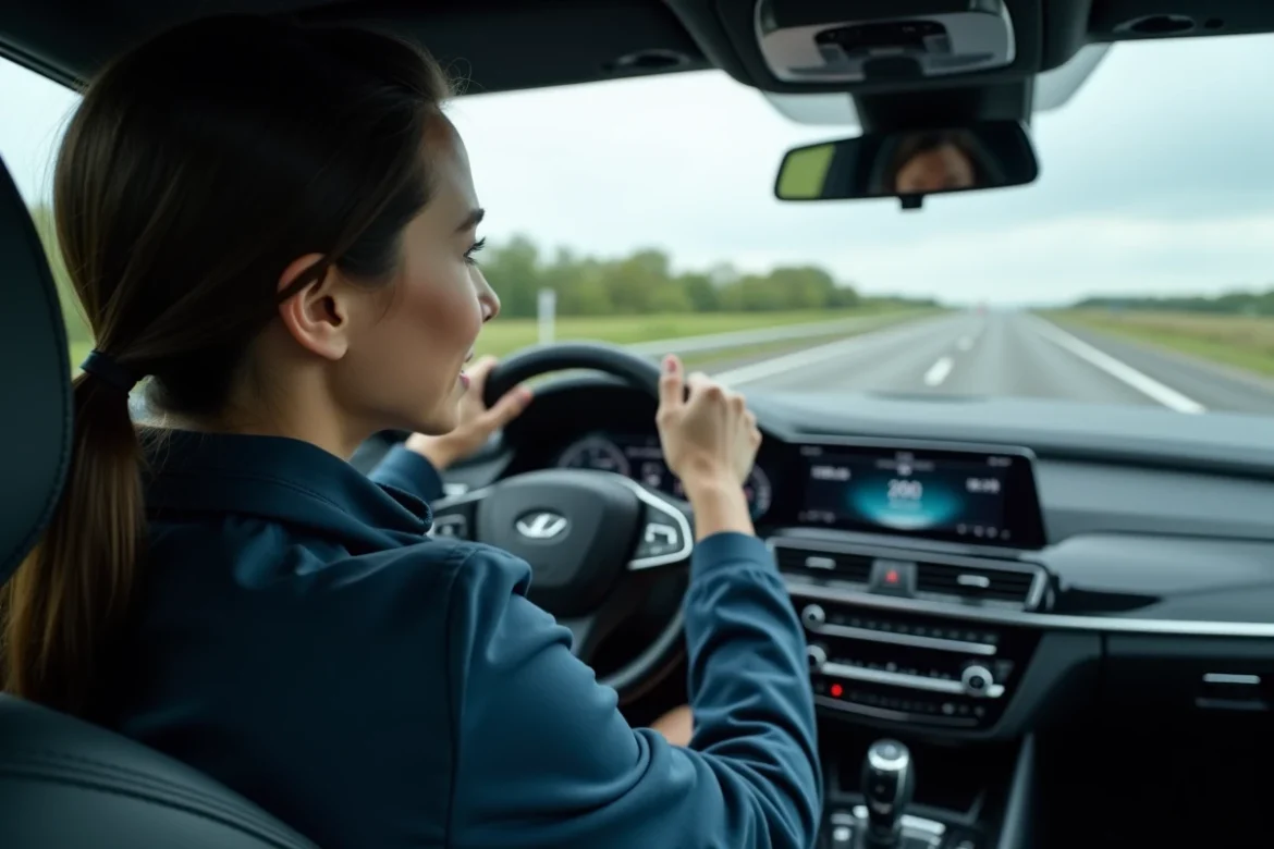 Femme au volant d'une berline sur l'autoroute regardant le tableau de bord affichant 200 mph et effectuant mentalement la conversion en kilomètres par heure