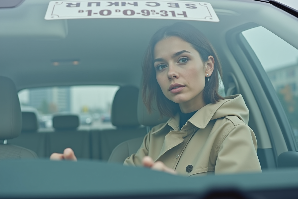 Femme en imperméable vérifiant son pare-brise en ville