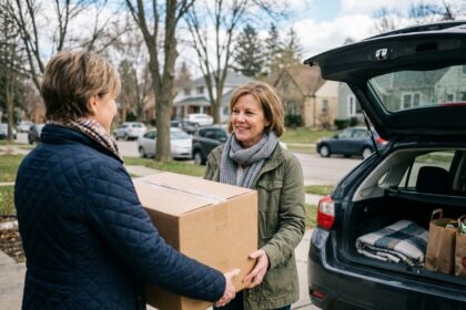 Deux femmes souriantes échangent un colis dans une voiture en banlieue