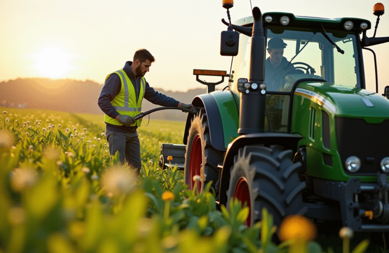 Ferme avec un fermier en équipement de protection remplissant le réservoir d'AdBlue d'un tracteur moderne dans un champ vert