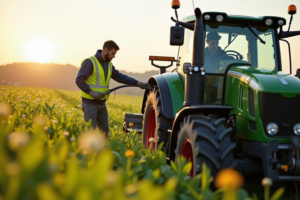 Ferme avec un fermier en équipement de protection remplissant le réservoir d'AdBlue d'un tracteur moderne dans un champ vert