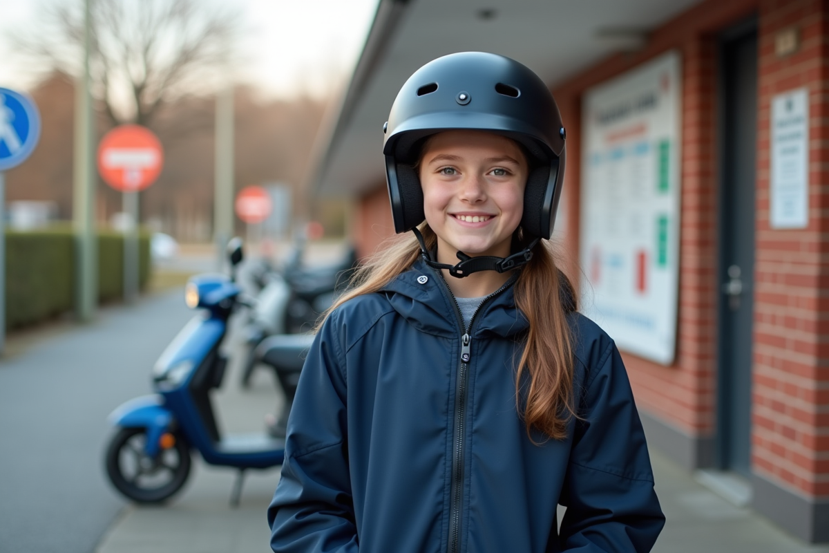 Fille souriante avec casque devant une école de conduite