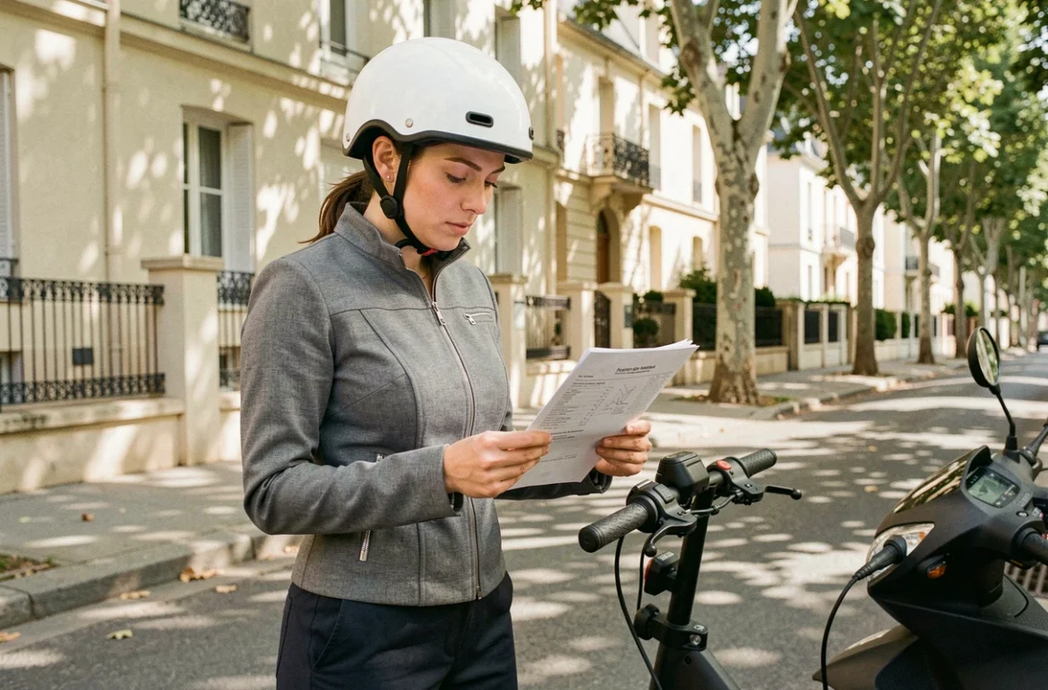 Femme consultant un document de formation permis scooter 3 roues dans une rue française
