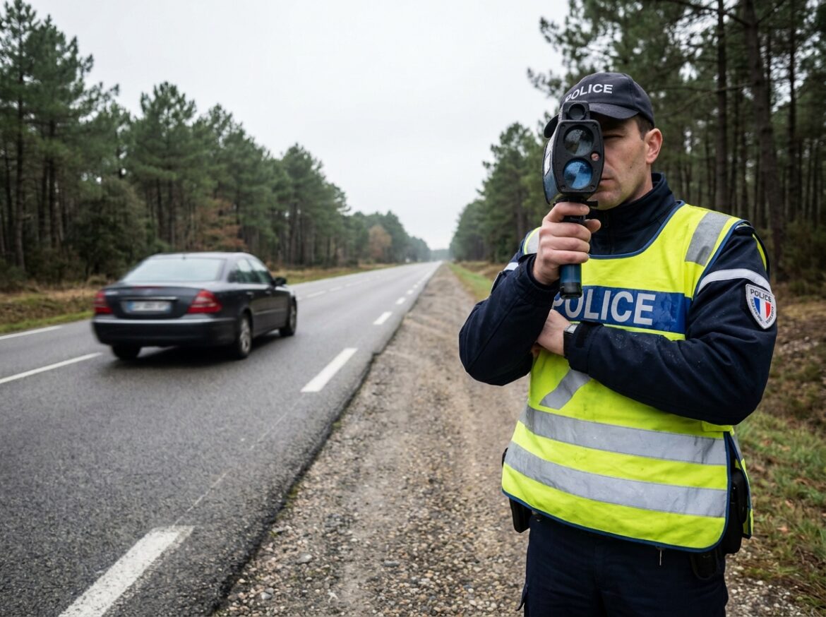 Gendarme utilisant un radar de contrôle de vitesse sur une route française, dans le cadre des contrôles d'excès de vitesse