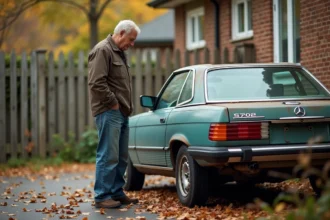 Voiture hors d'usage garée dans un jardin en désordre