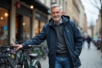 Vélo électrique en milieu urbain avec des passants autour