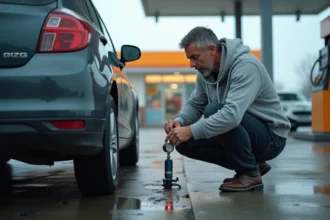 Homme gonflant un pneu plat à une station-service avec un manomètre portatif