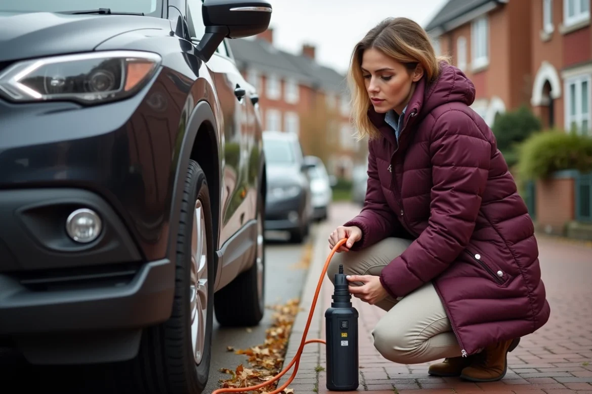 Femme utilisant un gonfleur électrique portable branché sur la prise 12V de son SUV dans une rue résidentielle