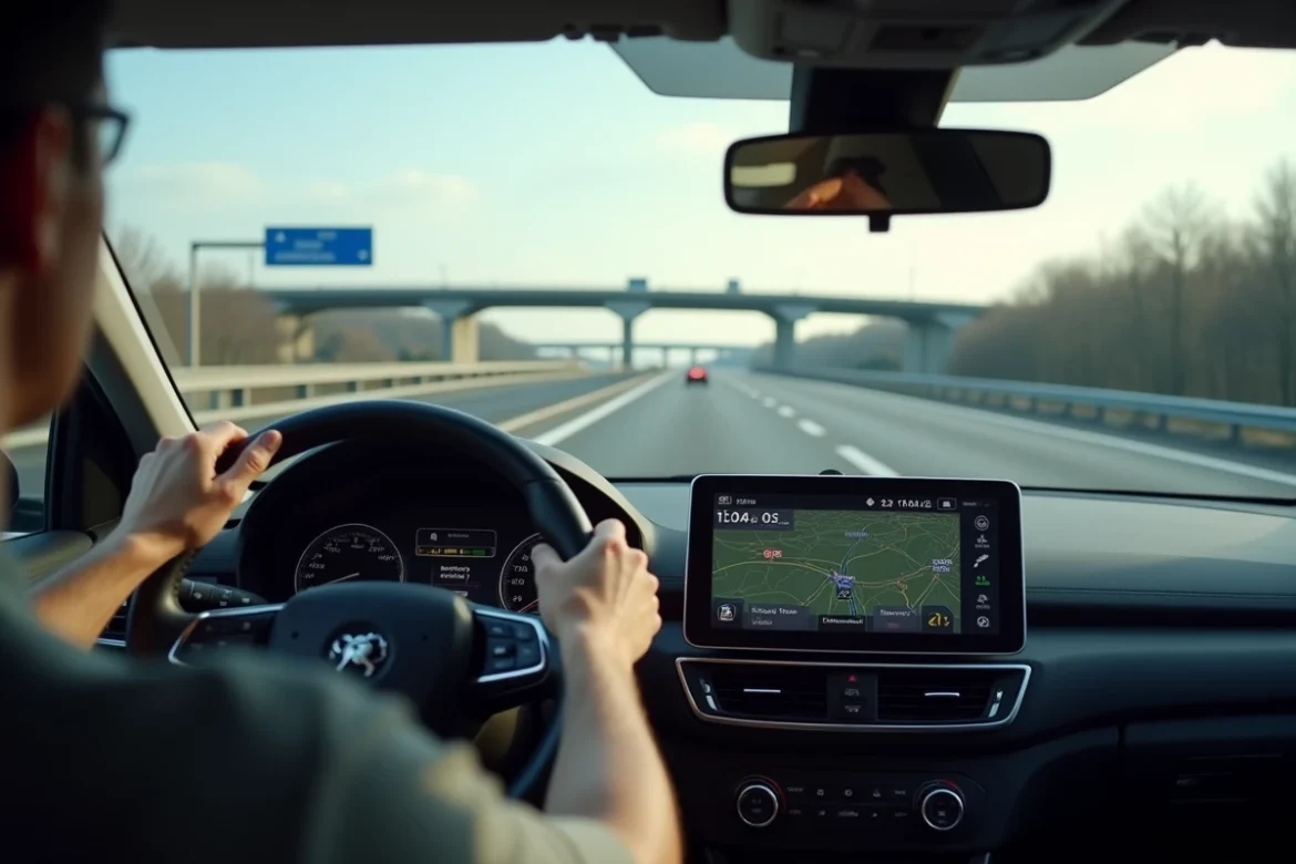 Intérieur de voiture sur autoroute française avec GPS affichant une carte et des informations sur les travaux prévus
