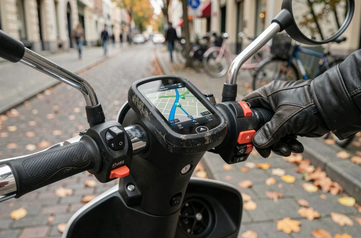 Gros plan sur un GPS tracker fixé sur le guidon d'un scooter avec main gantée en ville