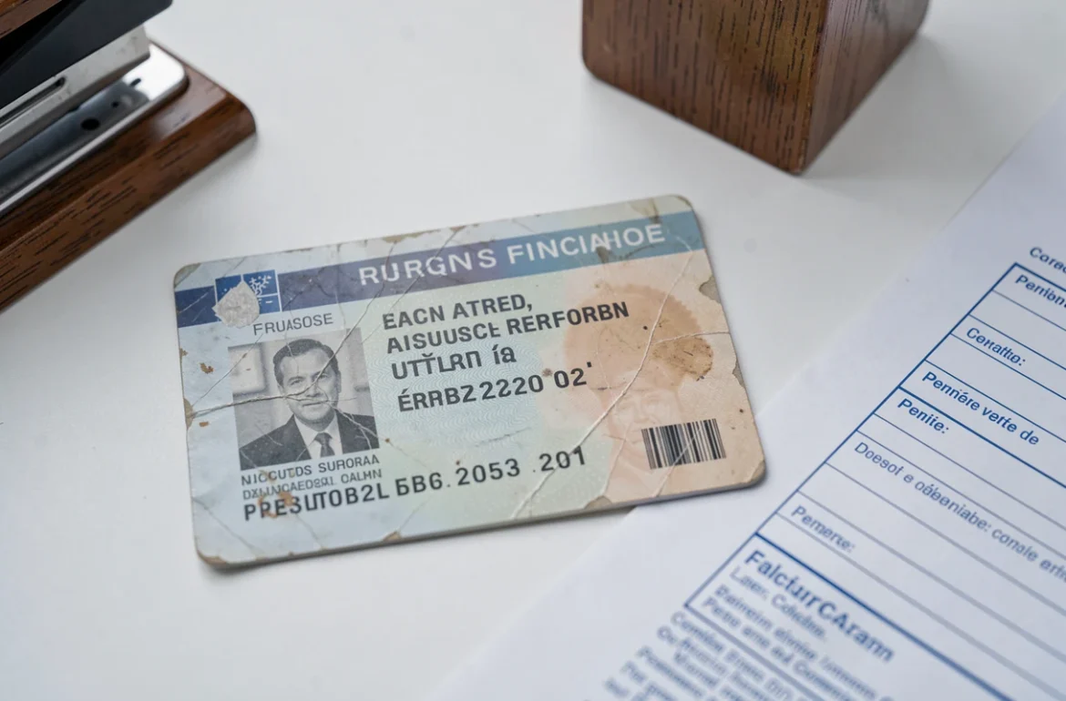 Gros plan sur un permis de conduire usé avec date de délivrance illisible posé sur un bureau avec loupe
