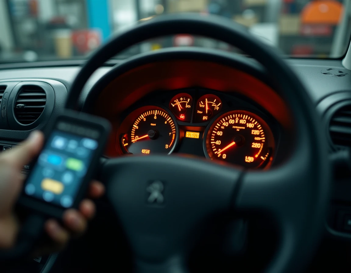 Gros plan sur un voyant moteur allumé sur le tableau de bord d'une Peugeot 206 avec scanner OBD