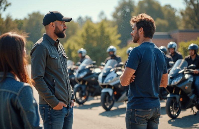 Groupe de personnes écoutant un instructeur de moto en extérieur
