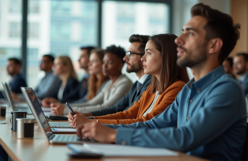 Groupe de jeunes professionnels en formation dans une salle lumineuse