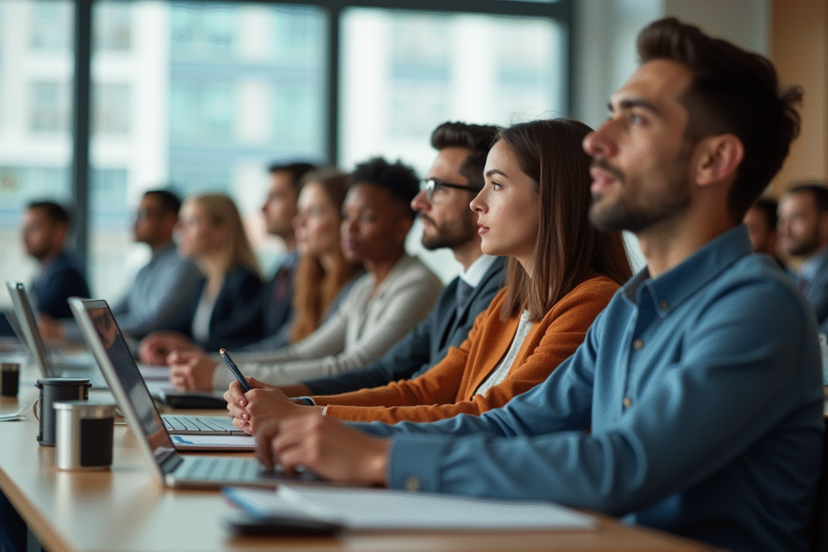 Groupe de jeunes professionnels en formation dans une salle lumineuse