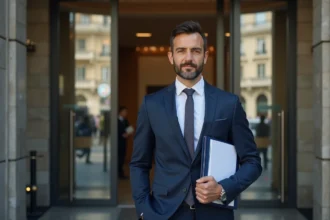 Homme d'affaires en costume dans un bâtiment officiel français