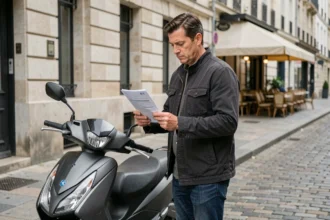 Homme consultant son contrat d'assurance scooter Carrefour sur un trottoir urbain