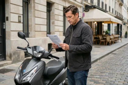 Homme consultant son contrat d'assurance scooter Carrefour sur un trottoir urbain