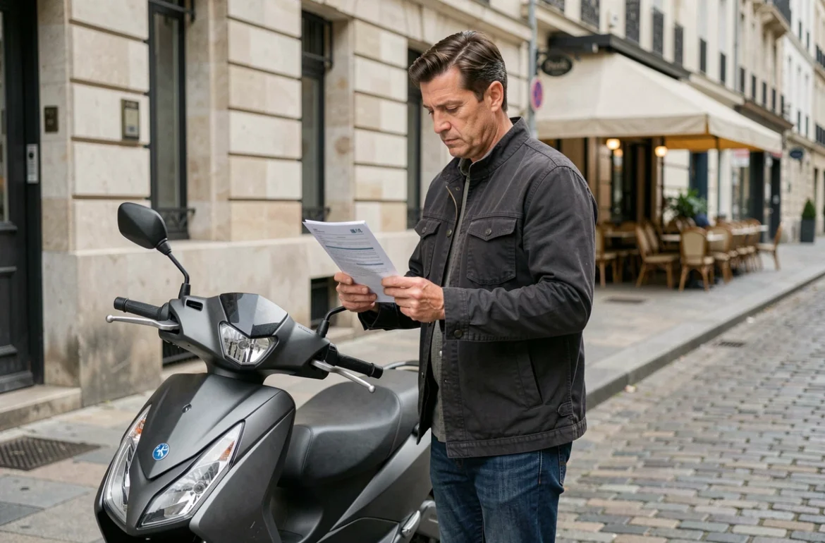 Homme consultant son contrat d'assurance scooter Carrefour sur un trottoir urbain