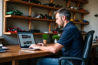 Homme en bureau maison lisant forum auto sur ordinateur
