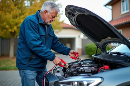 Homme en veste bleue connectant une batterie de voiture