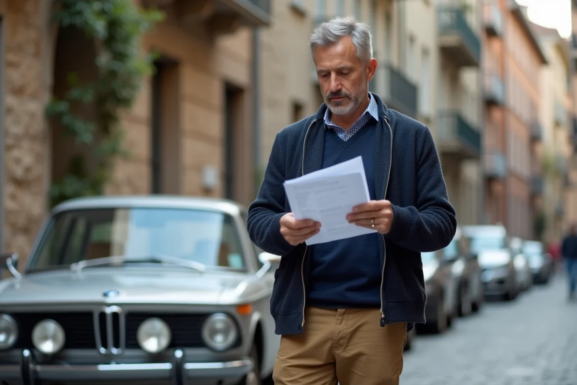 Homme regardant des factures près d'une BMW classique