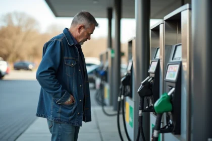 Homme attentif à la pompe à carburant en milieu urbain