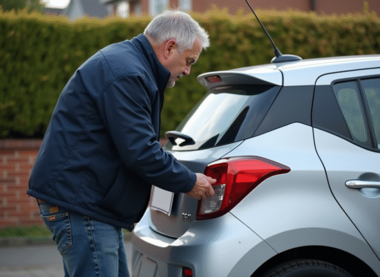 Homme en jeans pose une plaque d'immatriculation sur sa voiture