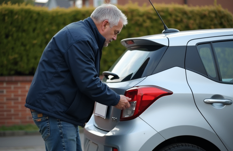 Homme en jeans pose une plaque d'immatriculation sur sa voiture
